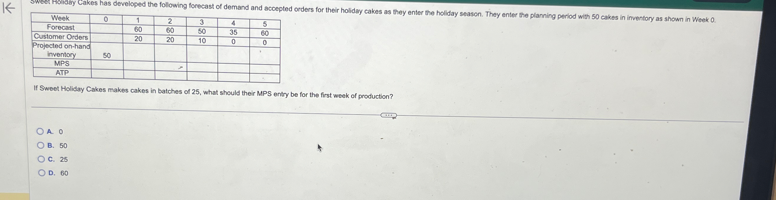  \table[[Week,0,1,2,3,4,5],[Forecast,,60,60,50,35,60],[Customer Orders,,20,20,10,0,0],[\table[[Projected on-hand],[inventory]],50,,,,,],[MPS,,,,,,],[ATP,,,,,,]] If Sweet Holiday Cakes makes cakes in batches