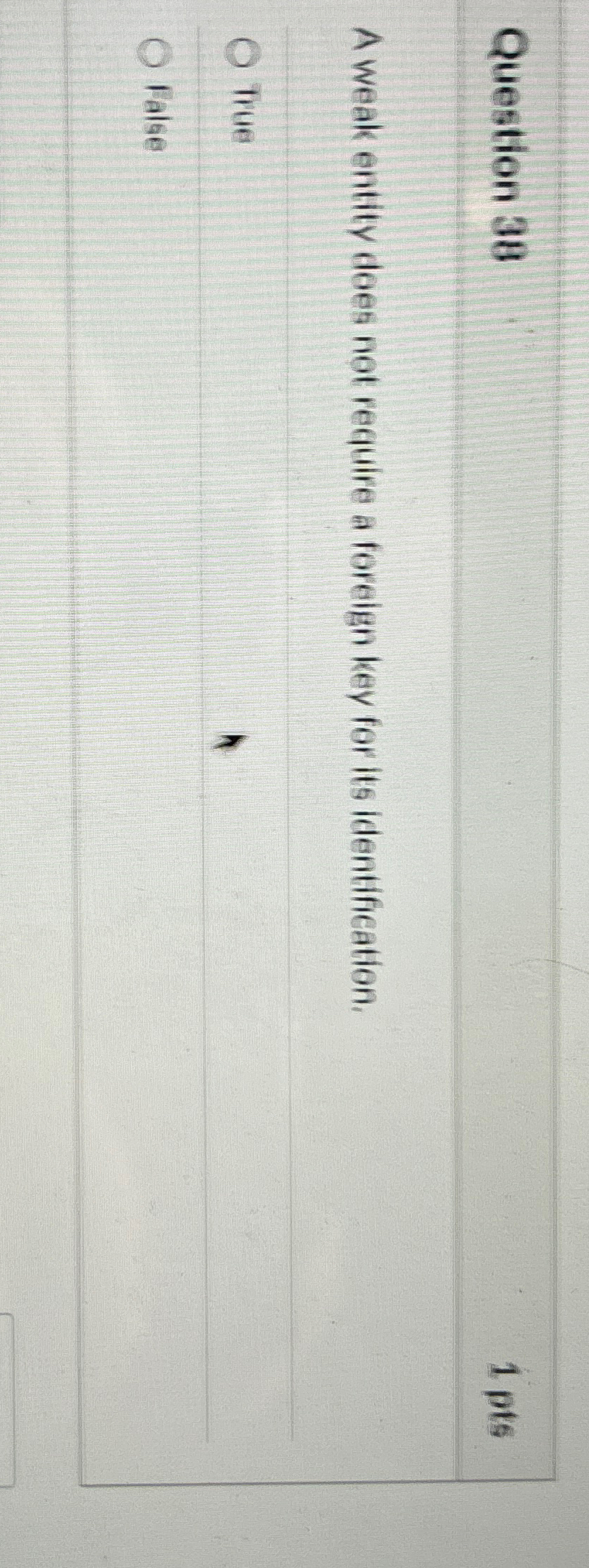  Question 38 1pts A weak entity does not require a foreign