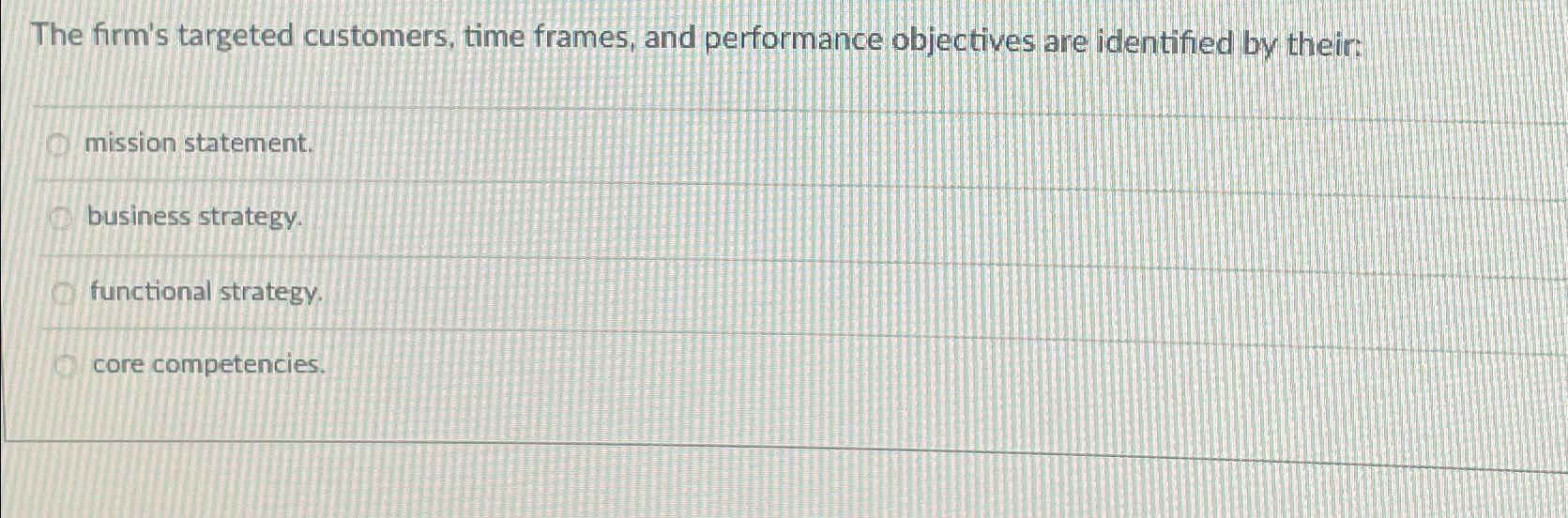  The firm's targeted customers, time frames, and performance objectives are identified