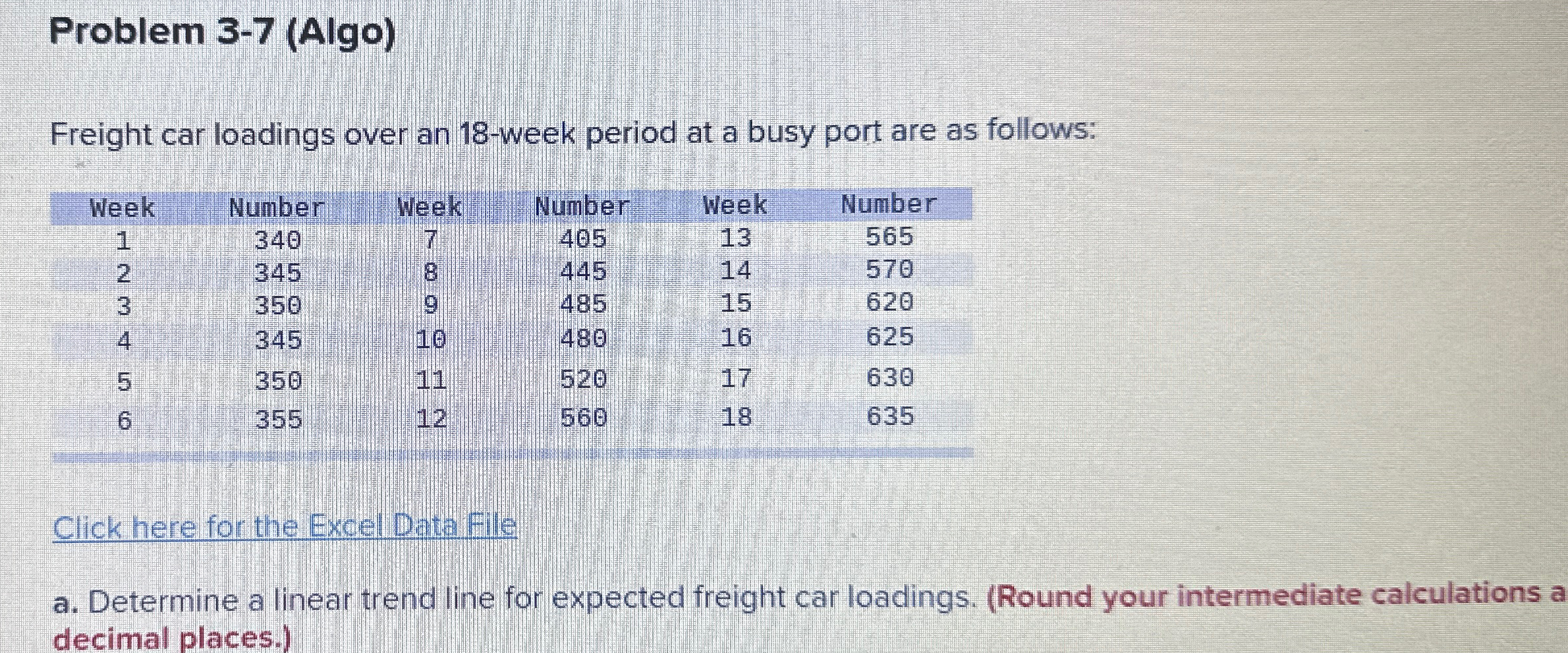  Problem 3-7(Algo) Freight car loadings over an 18-week period at a
