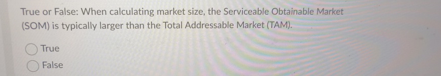  True or False: When calculating market size, the Serviceable Obtainable Market