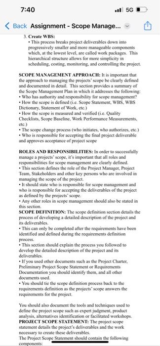 management Scope Management Plan for Project Selected Case Study Project Scenario Project