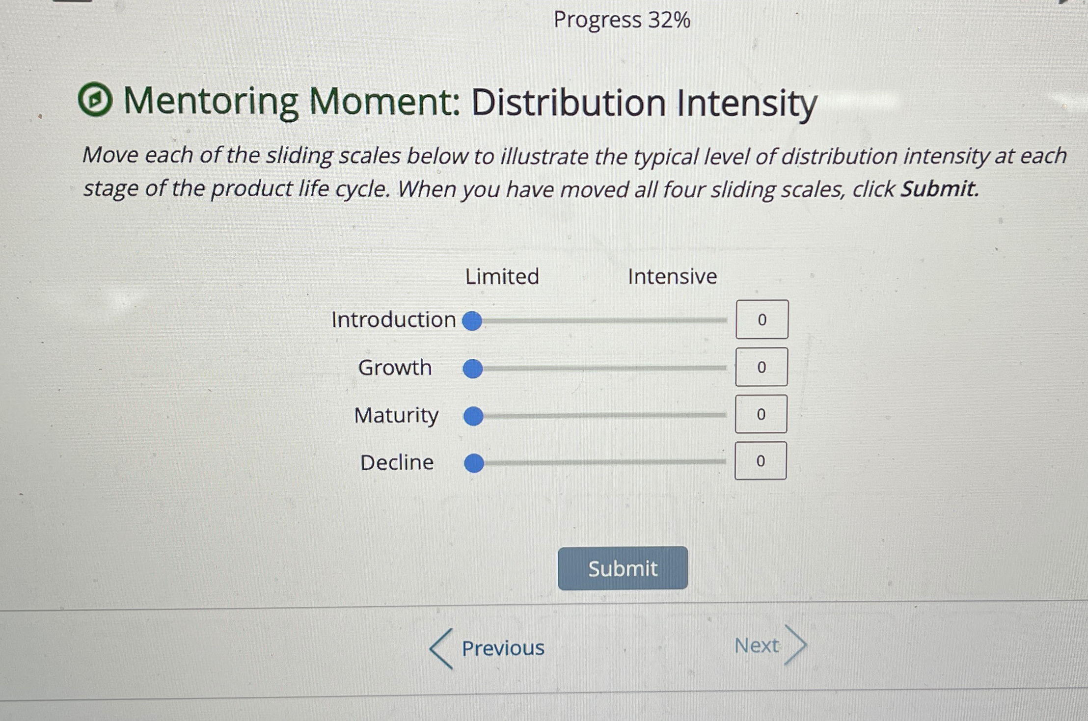  Progress 32% (1) Mentoring Moment: Distribution Intensity Move each of the