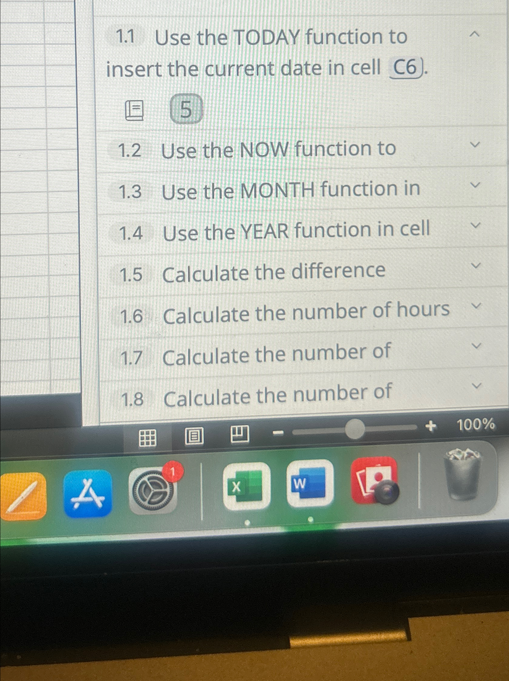  1.1 Use the TODAY function to insert the current date in