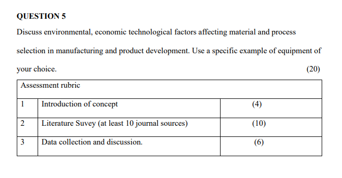 QUESTION 5 Discuss environmental, economic technological factors affecting material and process