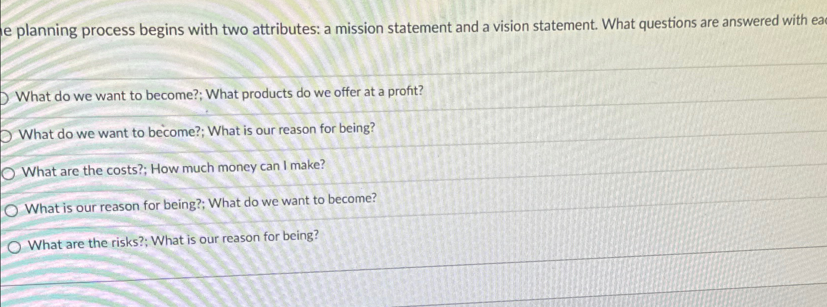  e planning process begins with two attributes: a mission statement and