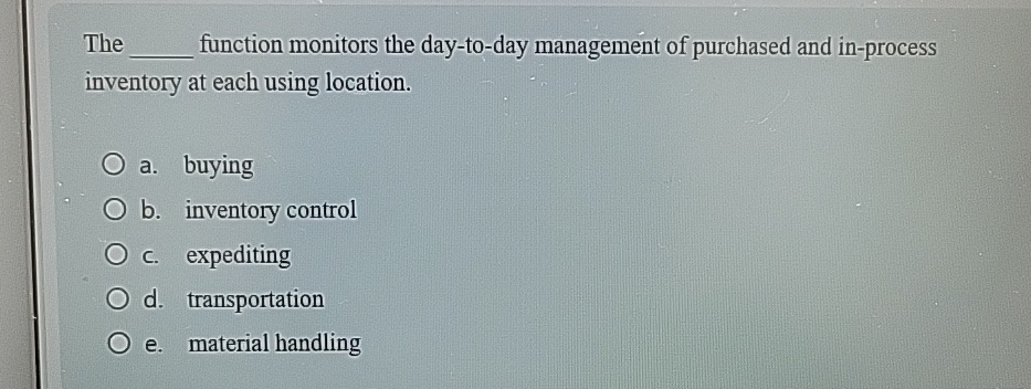  The function monitors the day-to-day management of purchased and in-process inventory