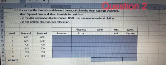  Using this previous weekly demand, calculate and answer the following forecasts