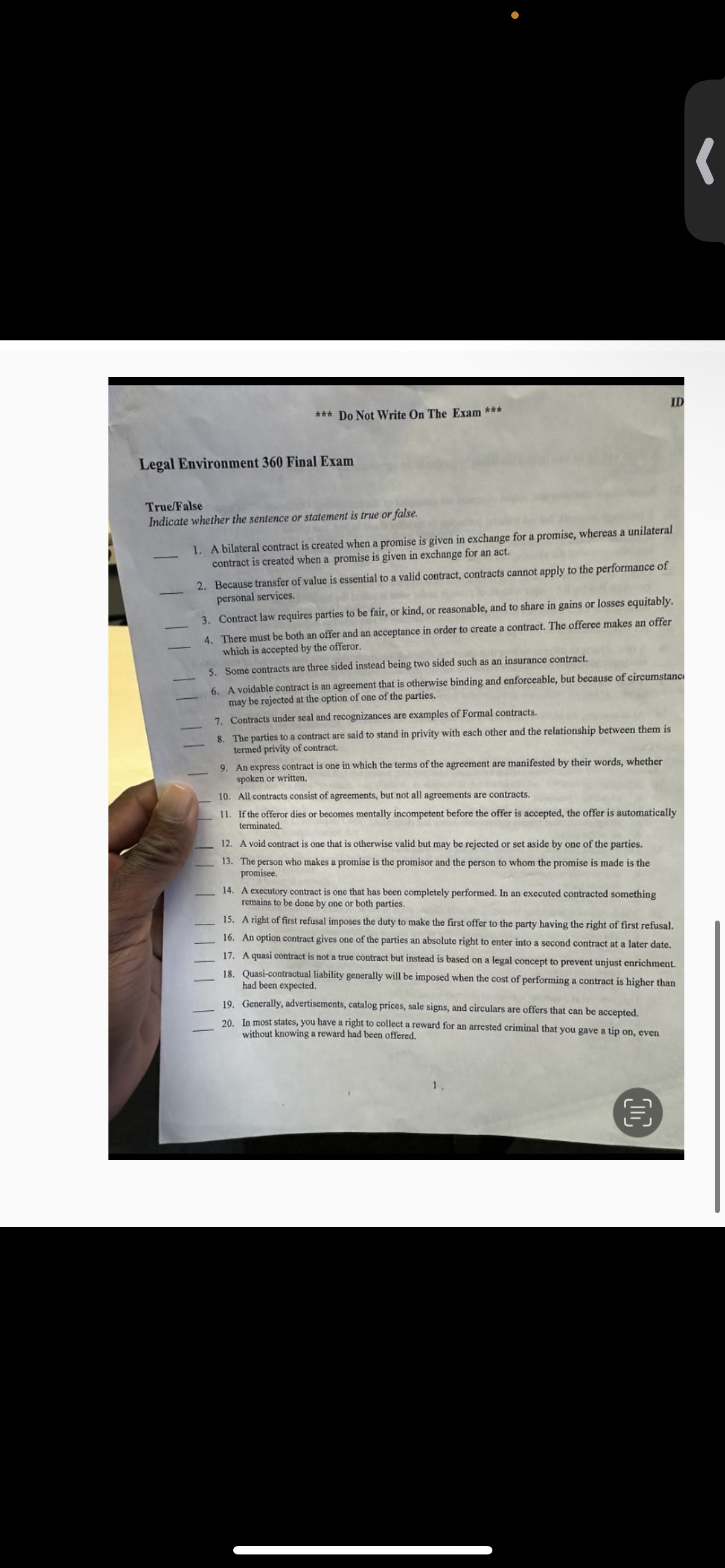  *** Do Not Write On The Exam *** ID Legal Environment