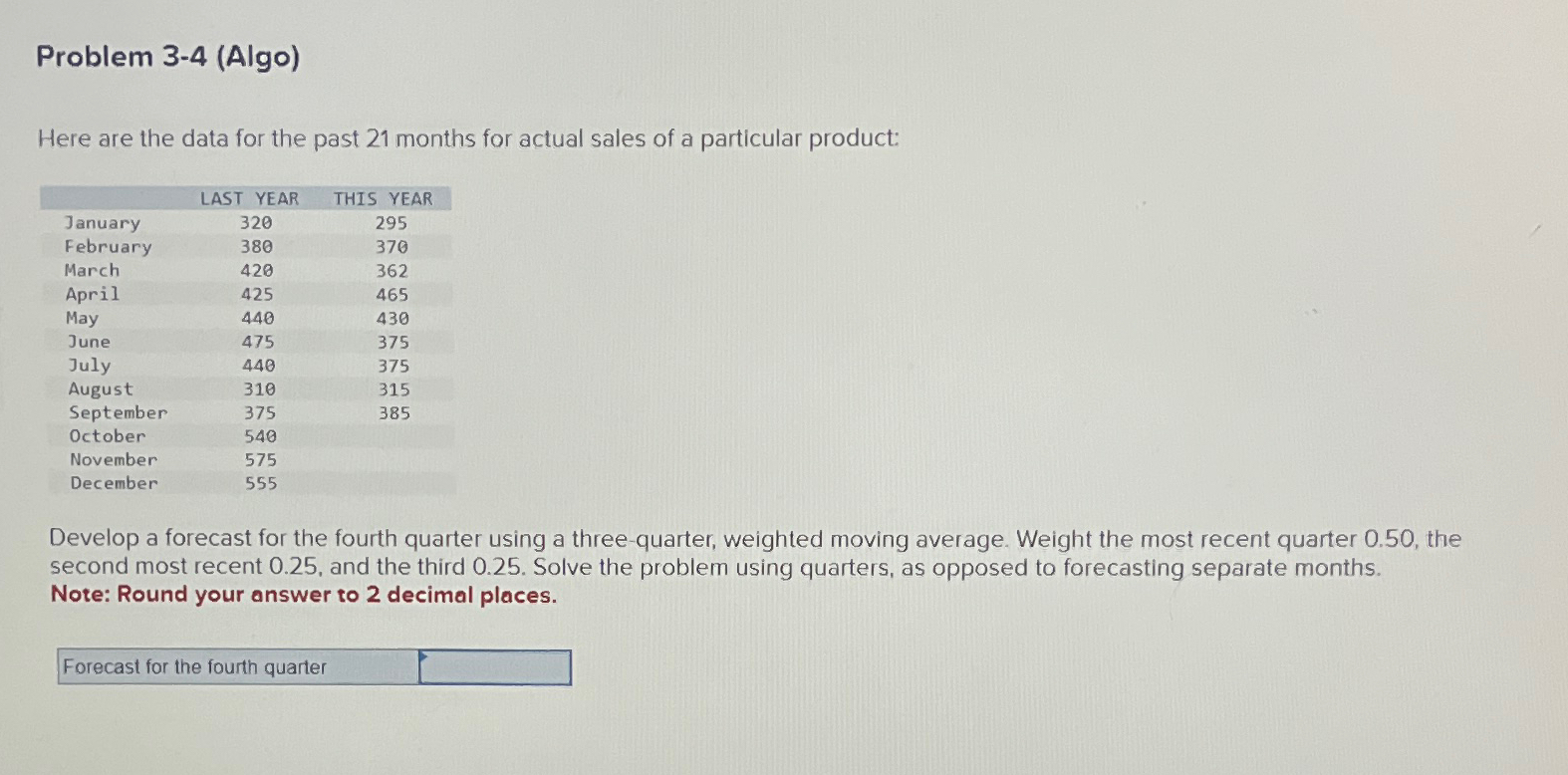  Problem 3-4(Algo) Here are the data for the past 21 months
