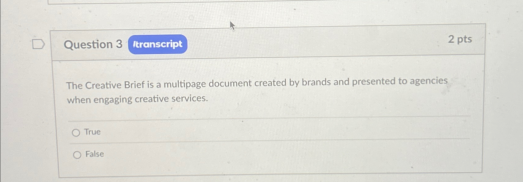  Question 3 2 pts The Creative Brief is a multipage document