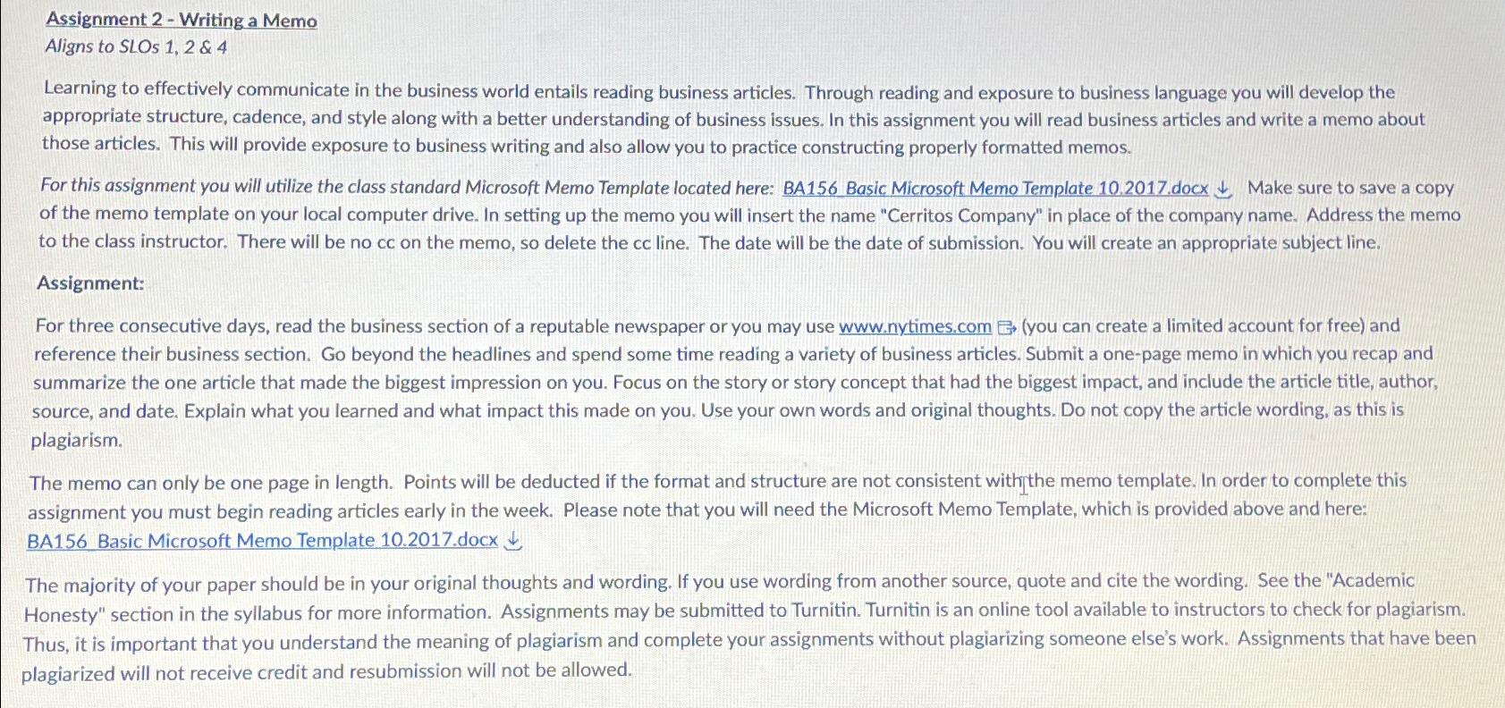  Assignment 2-Writing a Memo Aligns to SLOs 1,2 & 4 Learning