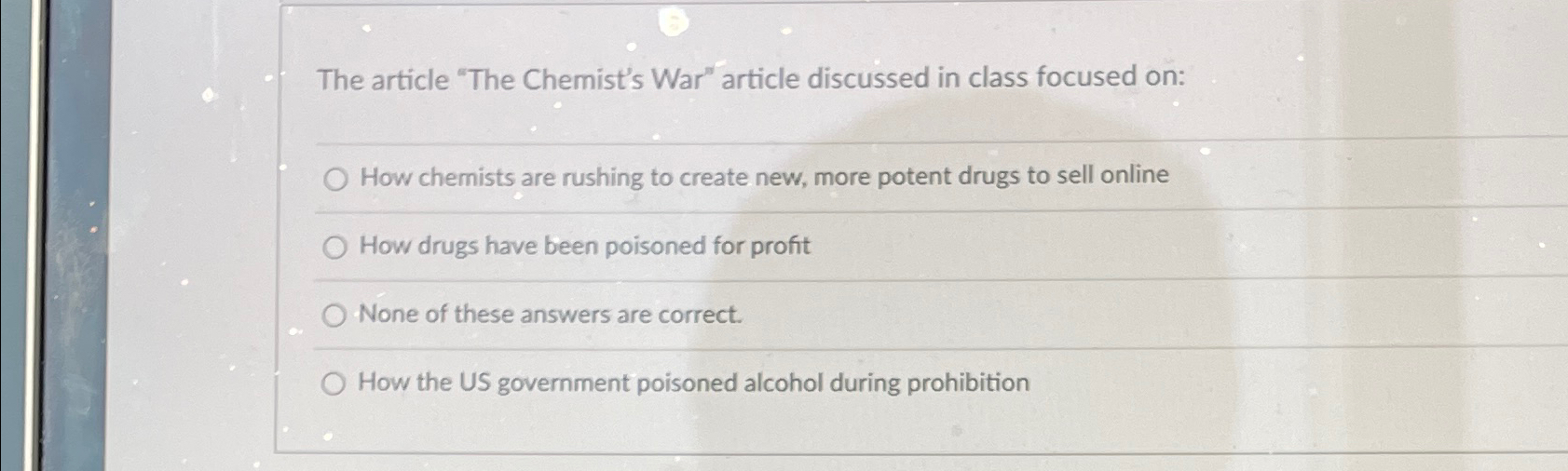  The article "The Chemist's War" article discussed in class focused on: