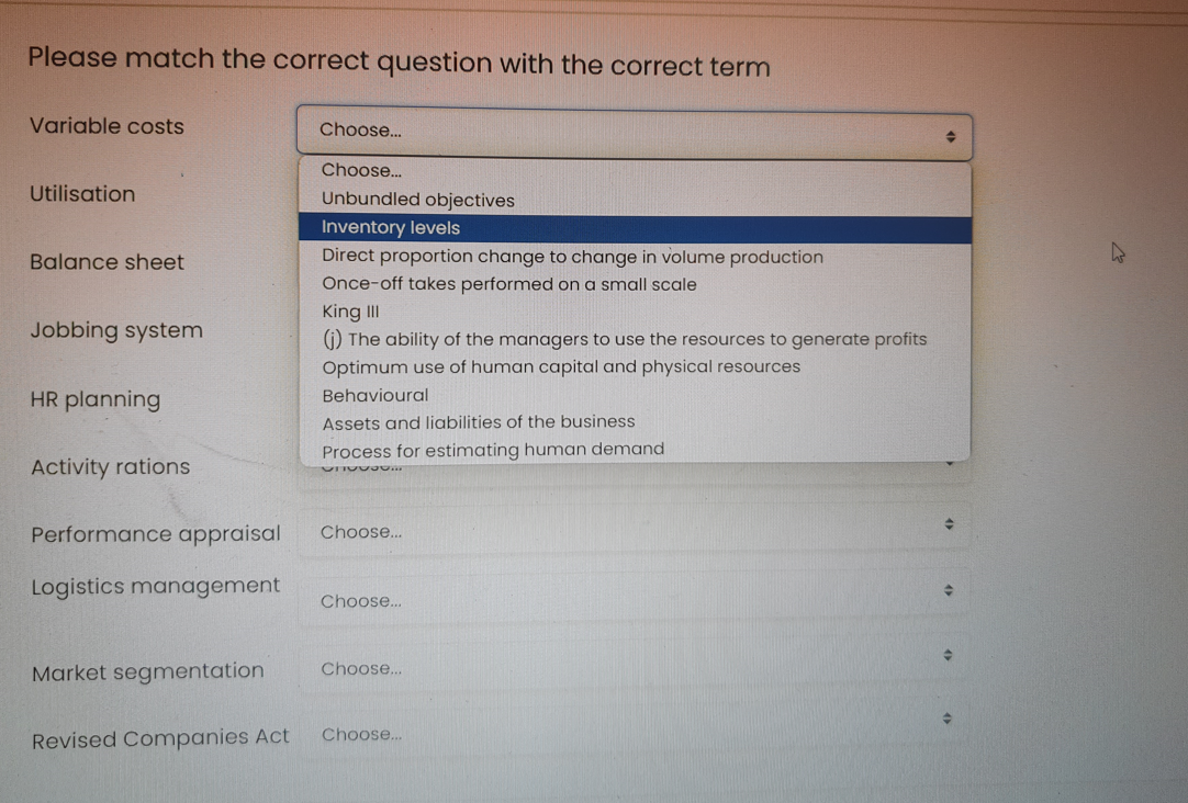  Please match the correct question with the correct term Variable costs