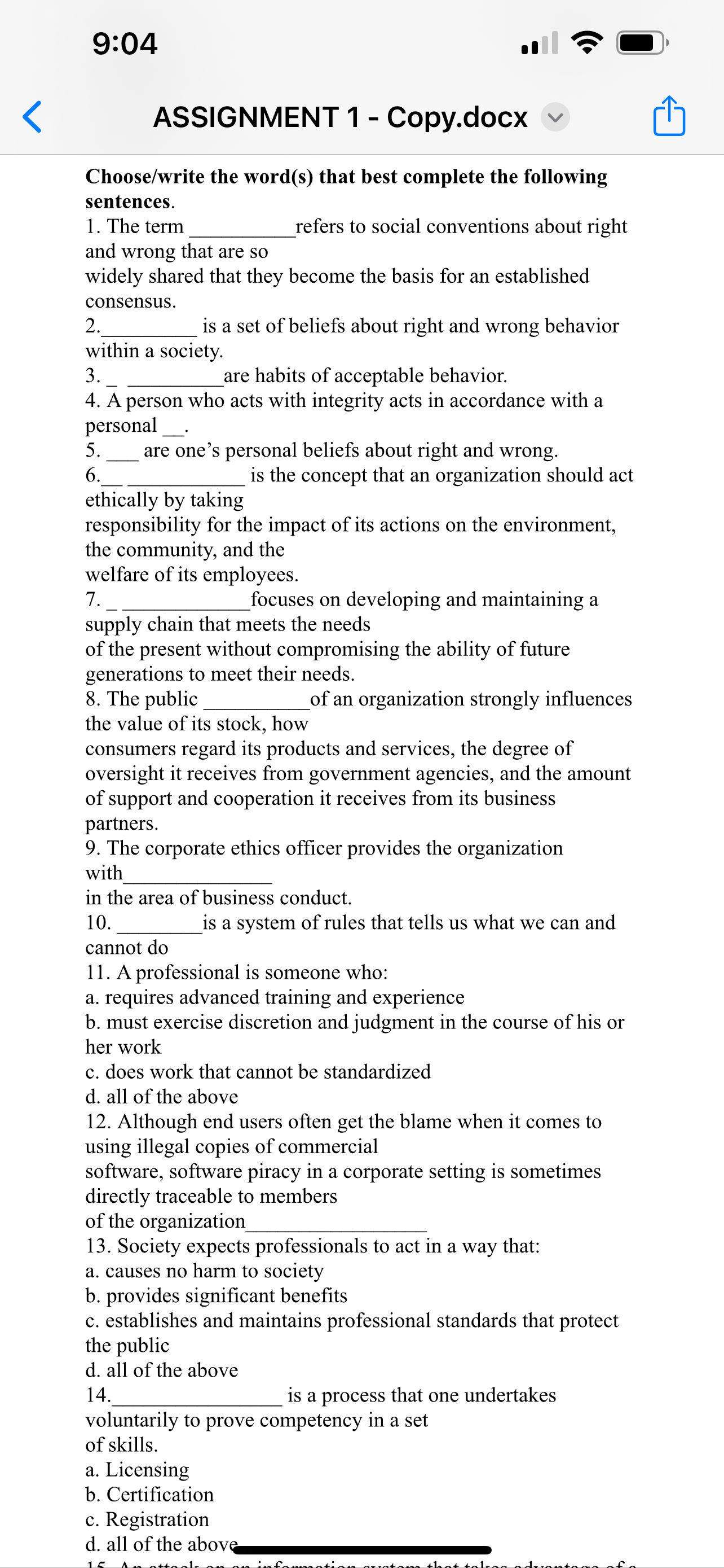  Choose/write the word(s) that best complete the following sentences. The term