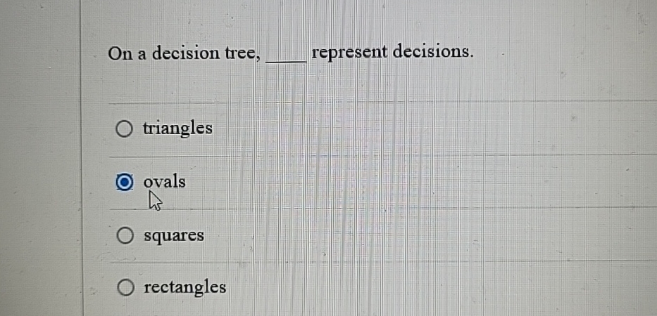  On a decision tree, represent decisions. triangles ovals squares rectangles 
