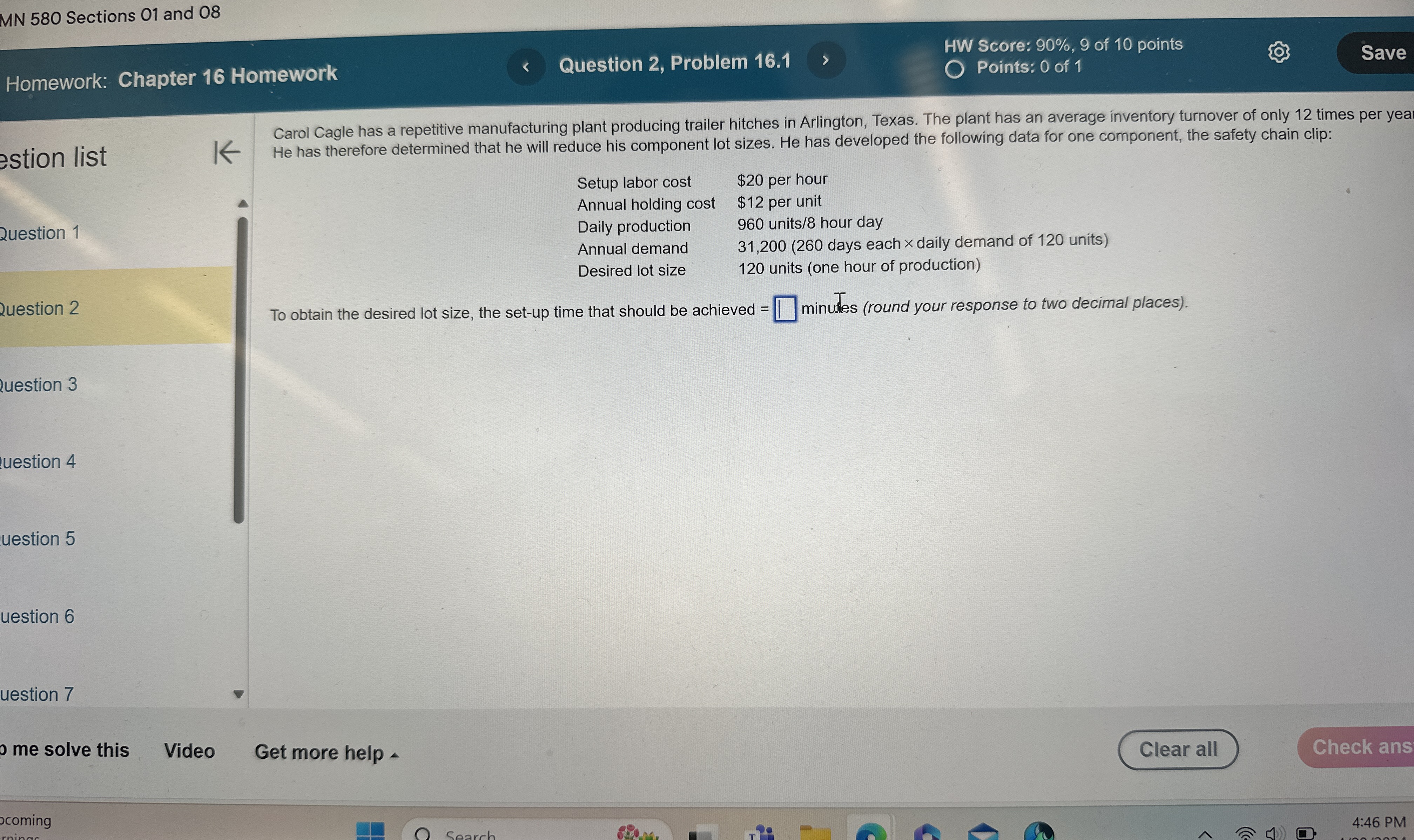  MN 580 Sections 01 and 08 Homework: Chapter 16 Homework Question