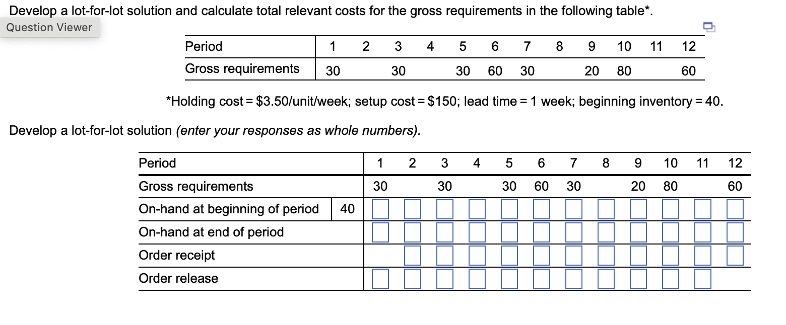  Develop a lot-for-lot solution and calculate total relevant costs for the