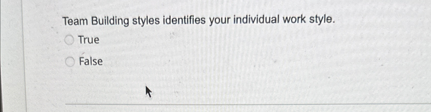  Team Building styles identifies your individual work style. True False 