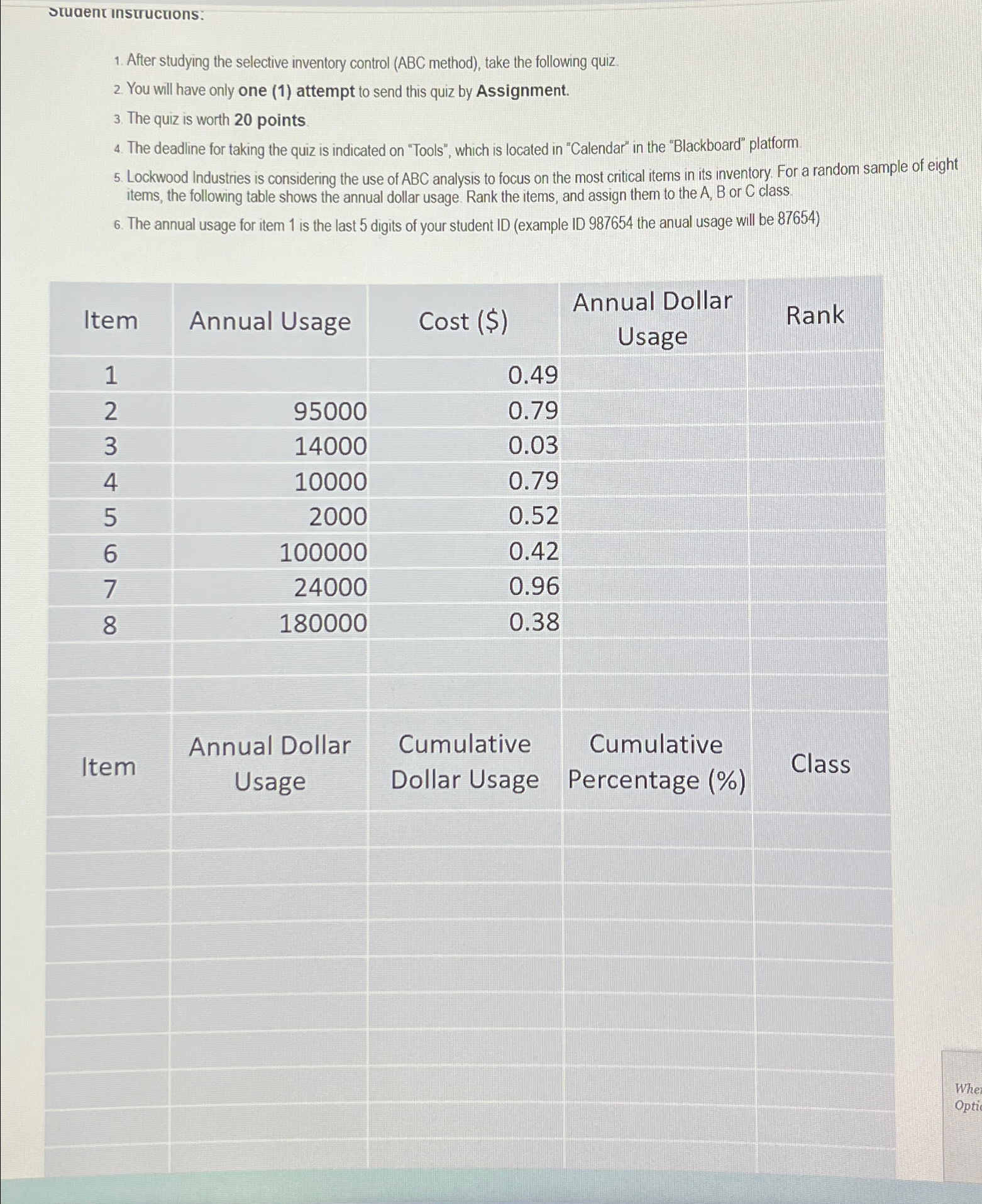  stuaent instructions: After studying the selective inventory control (ABC method), take