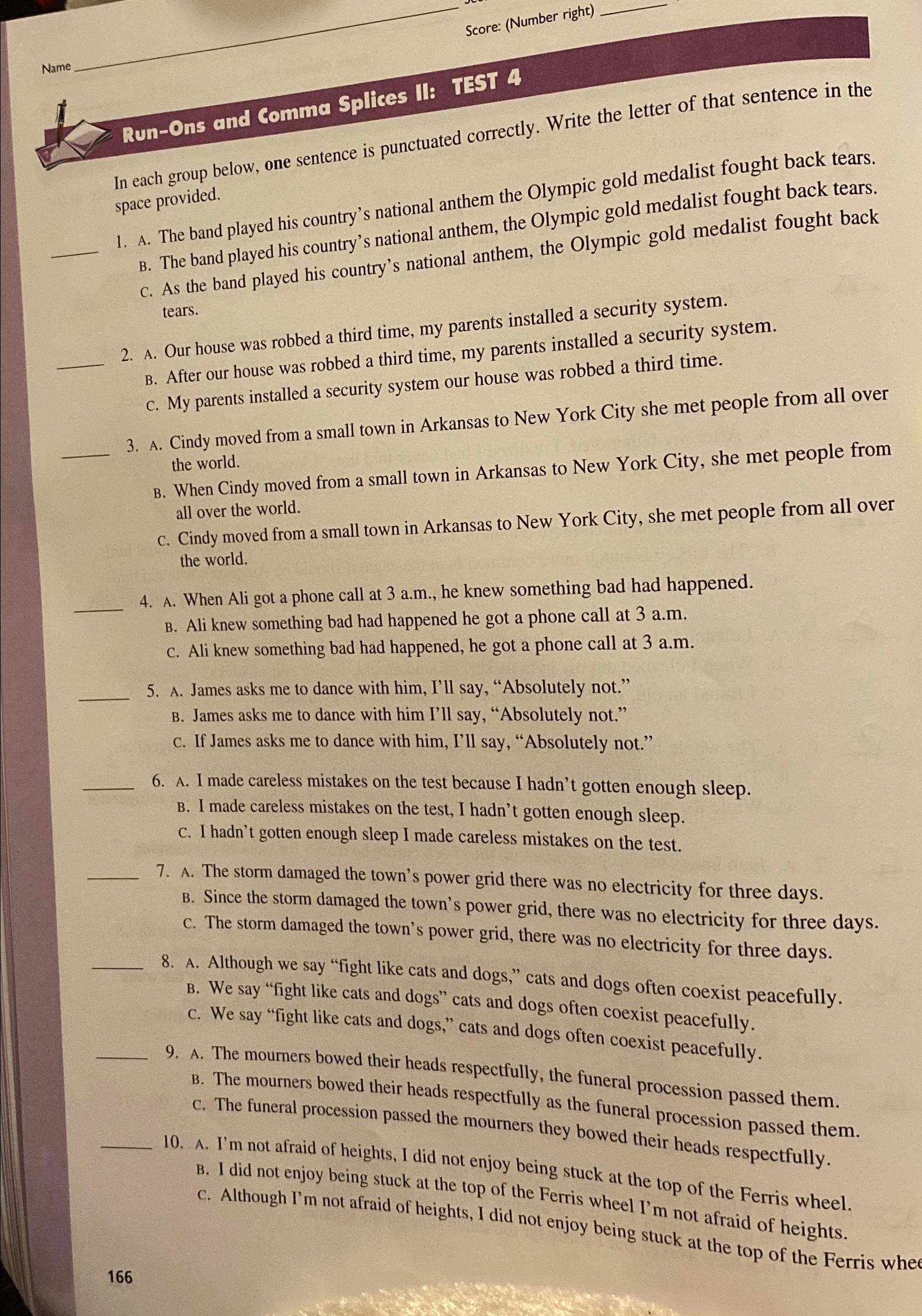  Score: (Number right) Name Bun-On' and Comma Splices Il: TEST A
