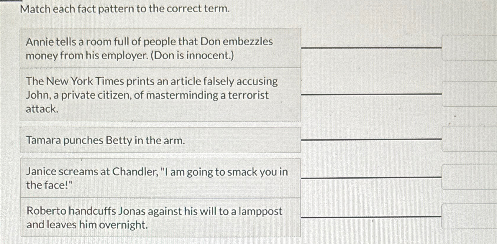  Match each fact pattern to the correct term. Annie tells a