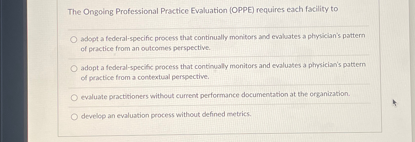  The Ongoing Professional Practice Evaluation (OPPE) requires each facility to adopt