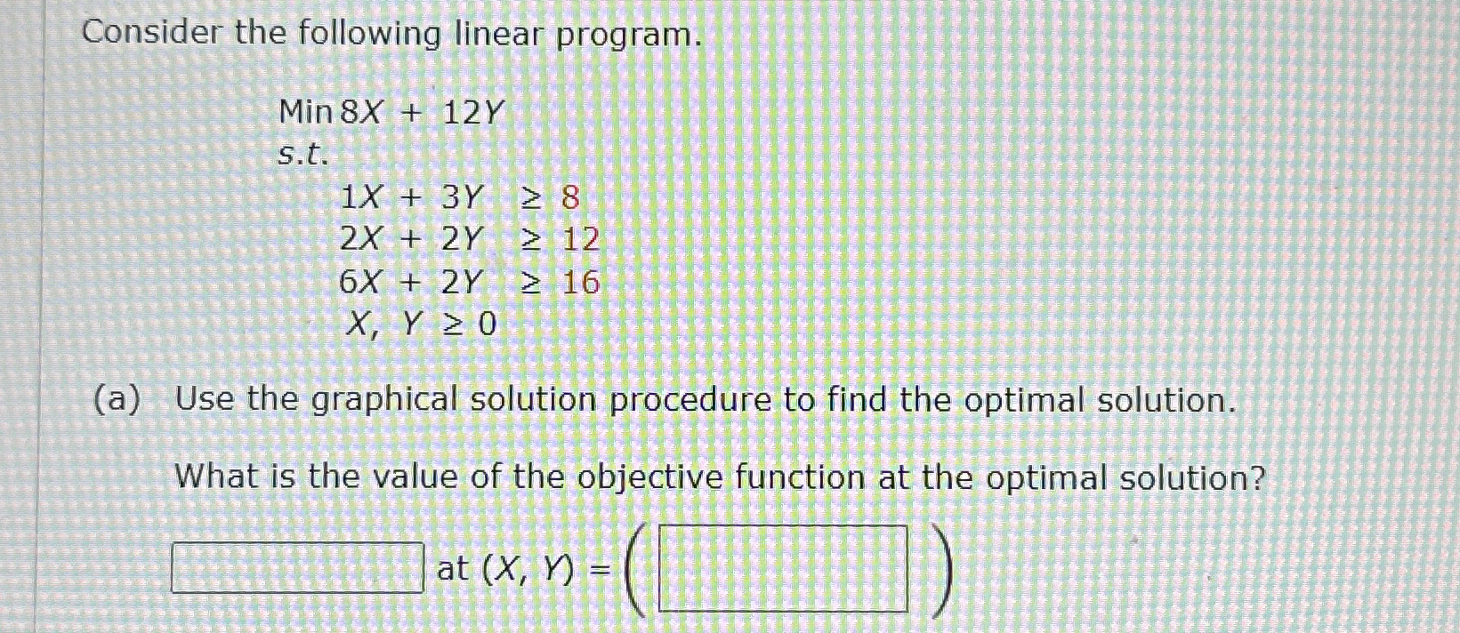  Consider the following linear program. Min 8x+12Y s.t. 1x+3Y8 2x+2Y12 6x+2Y16