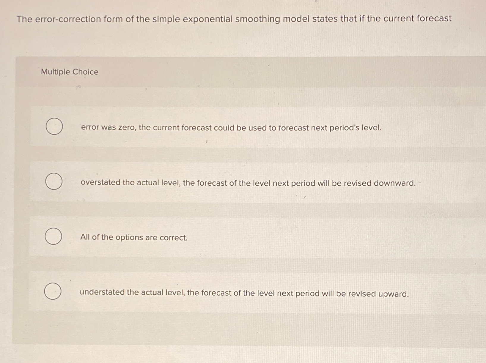  The error-correction form of the simple exponential smoothing model states that