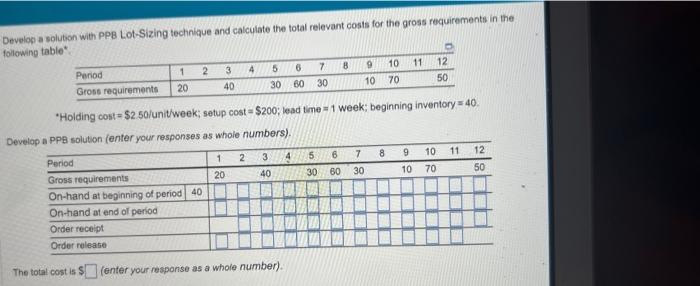  Develog a solution with PPB Lot-Sizing technifiue and calculate the total