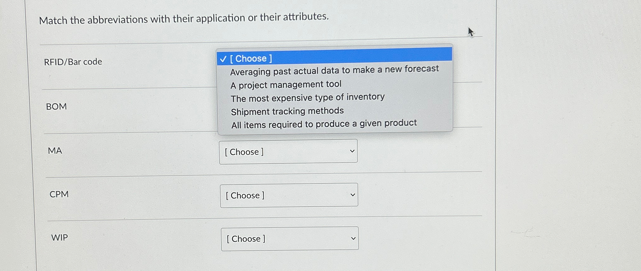  Match the abbreviations with their application or their attributes. RFID/Bar code