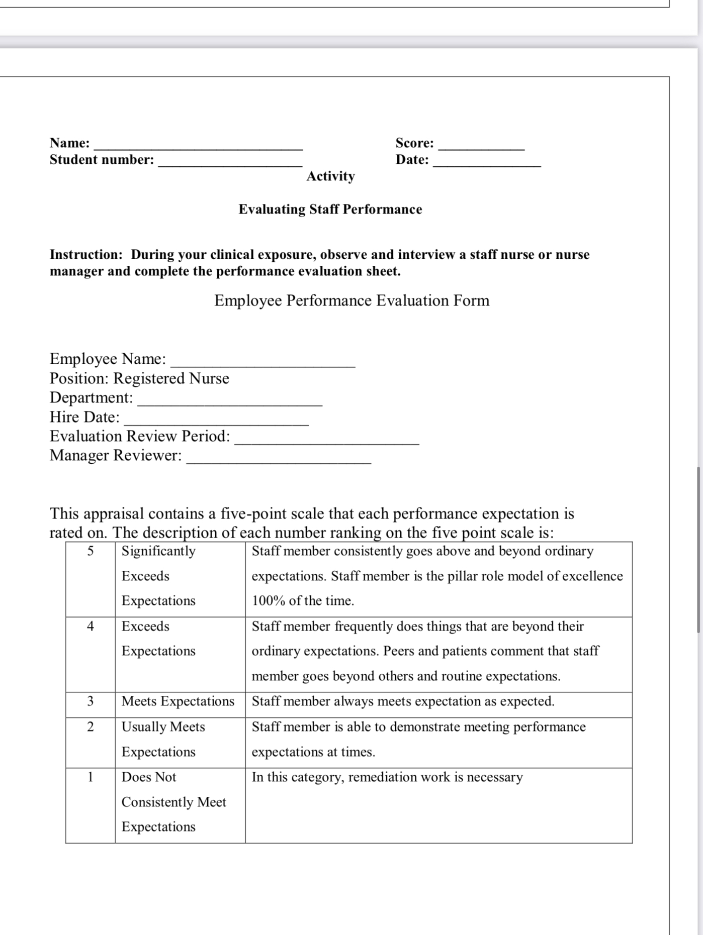  Name: Student number: Score: Date: Activity Evaluating Staff Performance Instruction: During