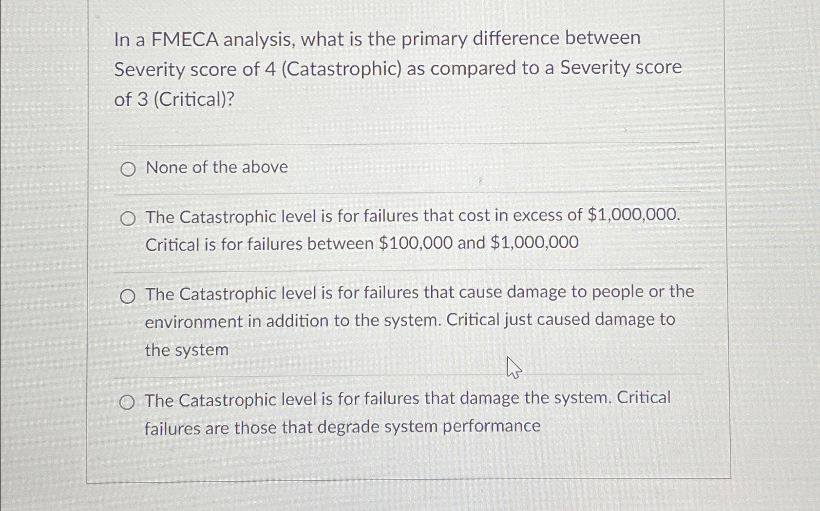  In a FMECA analysis, what is the primary difference between Severity
