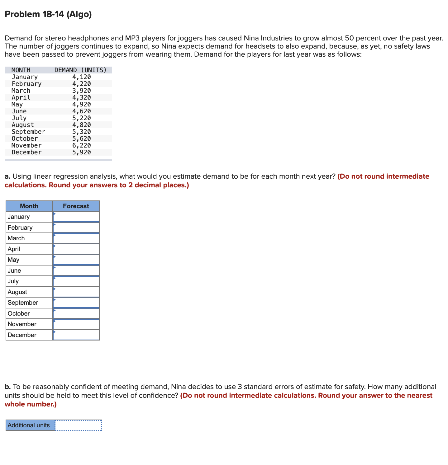  Problem 18-14(Algo) Demand for stereo headphones and MP3 players for joggers