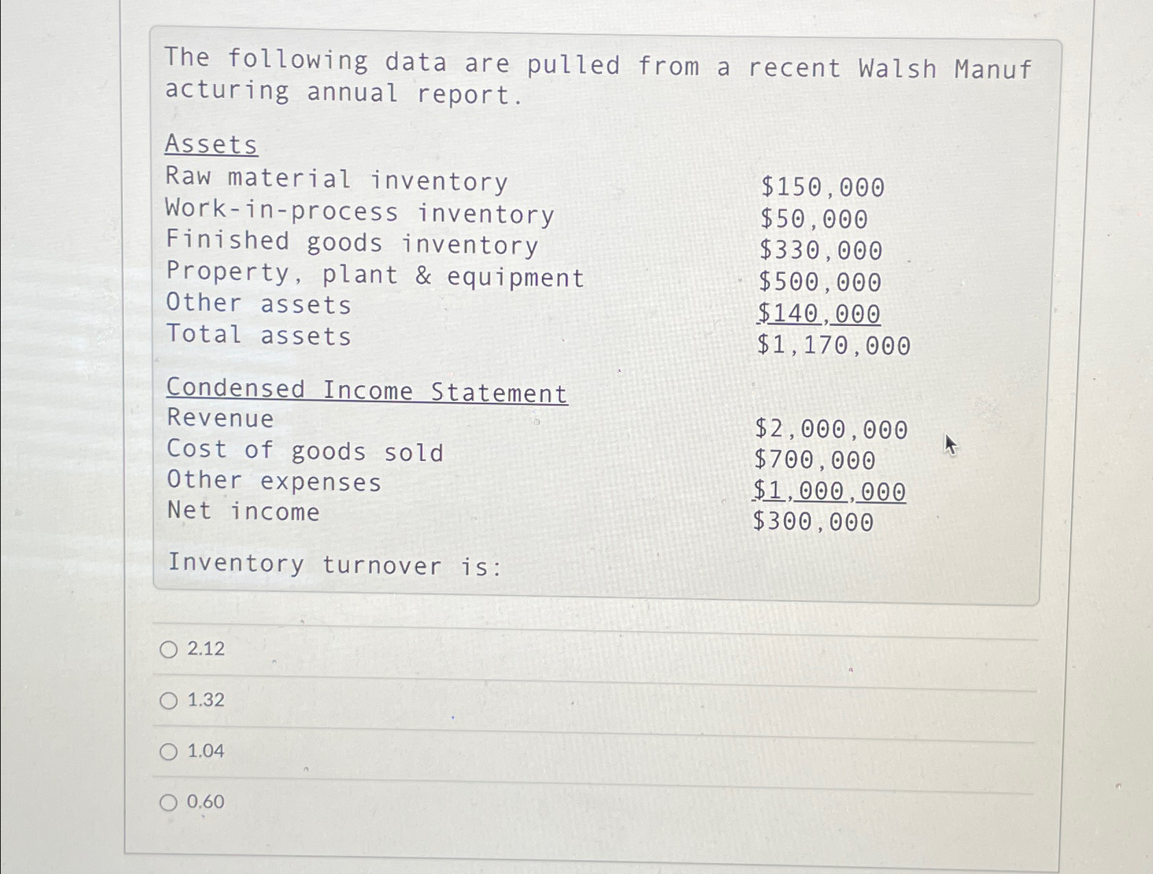  The following data are pulled from a recent Walsh Manuf acturing