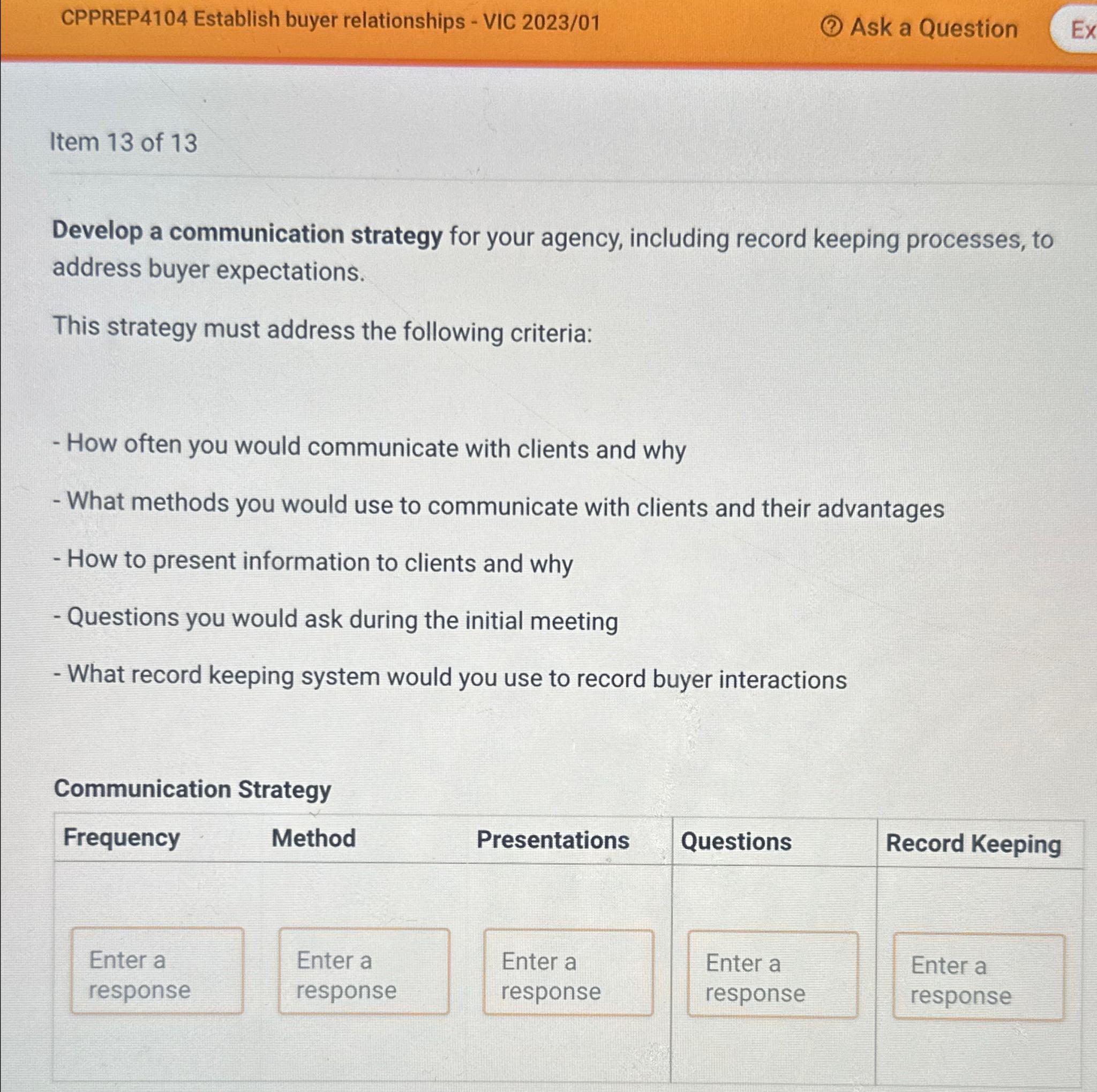  CPPREP4104 Establish buyer relationships - VIC 2023/01 Ask a Question Item