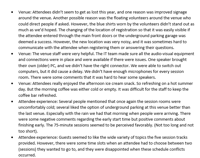 conference. To facilitate this session, you've asked the team to focus on