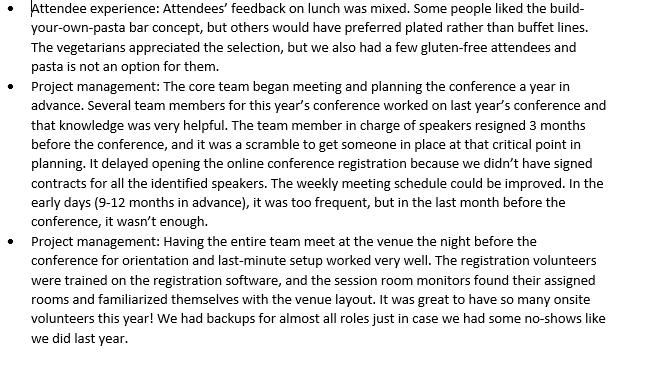 the following areas: - Registration: both pre-registration online and at the registration/welcome