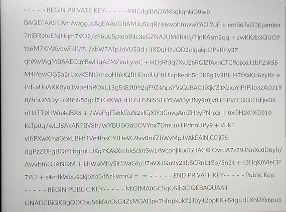  .... BEGIN PRIVATE KEY .... MIICdgIBADANBgkqhkiG9w0 BAQEFAASCAmAwggJcAgEAAoGBAMJu5LqR/is6wbhmwwYAOI7uF + emS6TvZOjLjamkor 7niBR0teENjHqm7VO2/zF6uu5pteoR4c3eGZNAJUM6R4B/TjnKAsm2qq +