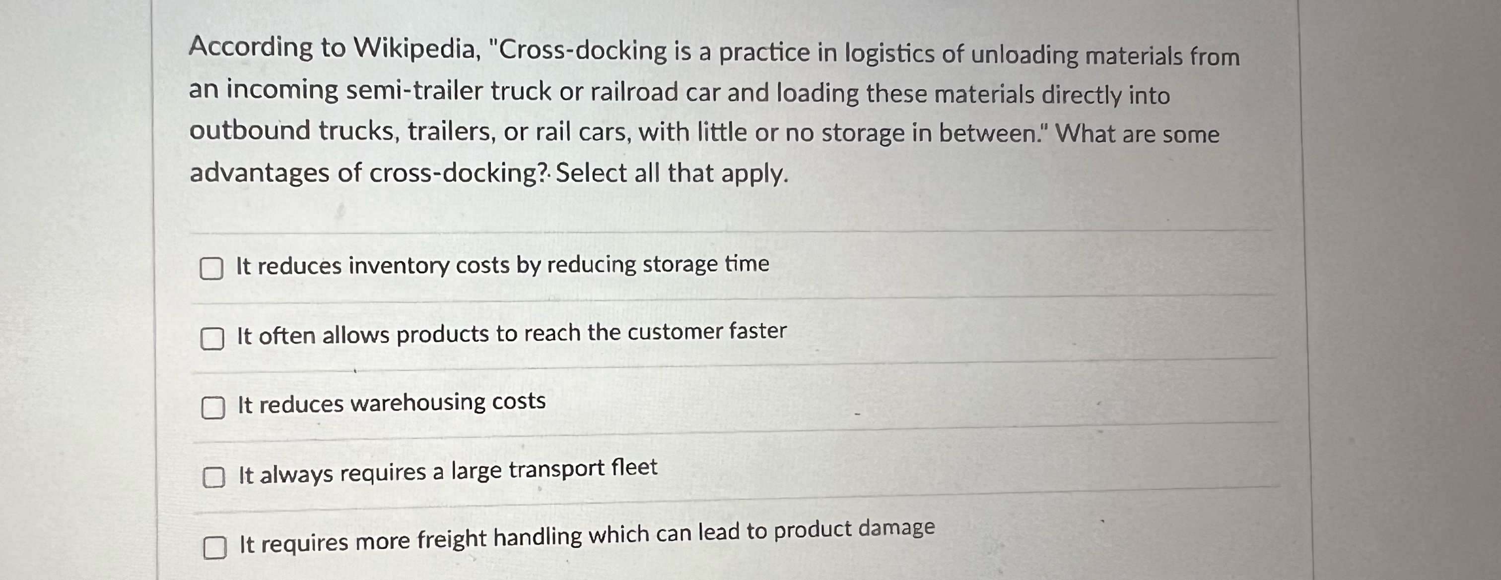  According to Wikipedia, "Cross-docking is a practice in logistics of unloading