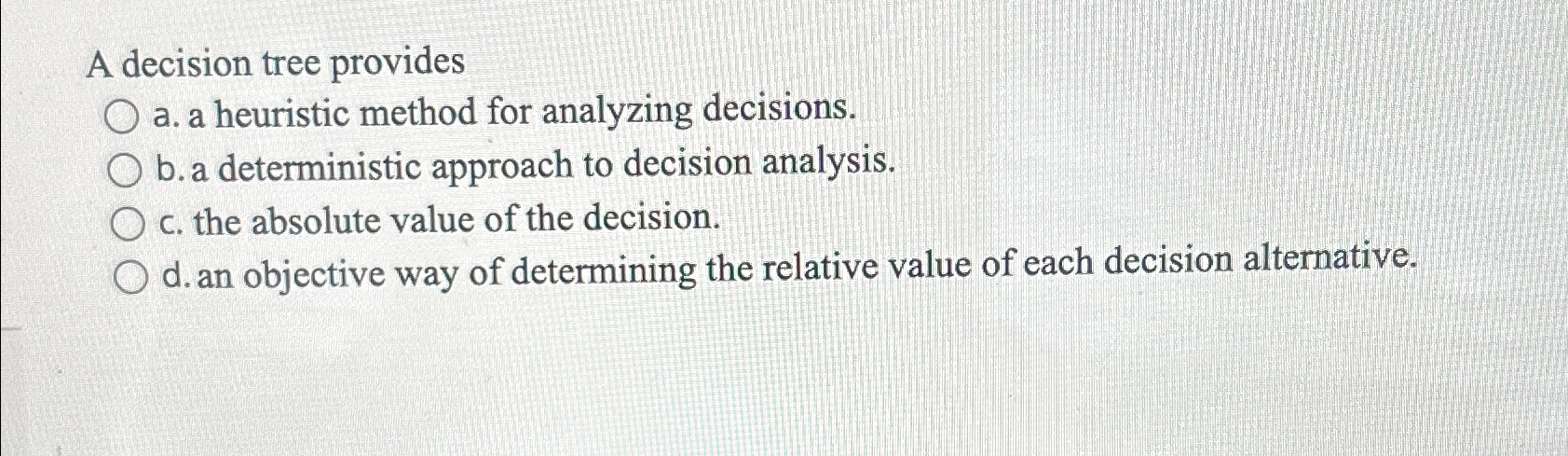  A decision tree provides a. a heuristic method for analyzing decisions.