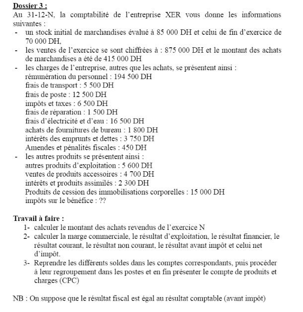  Dossier 3: Au 31-12-N, la comptabilit de l'entreprise XER vous donne