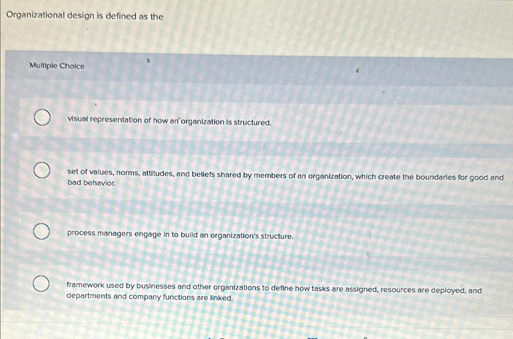  Organizational design is defined as the Multiple Choice visual representation of