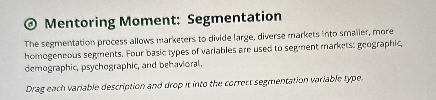  ( The segmentation process allows marketers to divide large, diverse markets