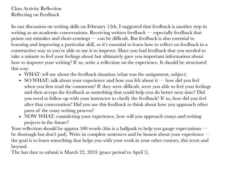  Class Activity Reflection Reflecting on Feedback In our discussion on writing