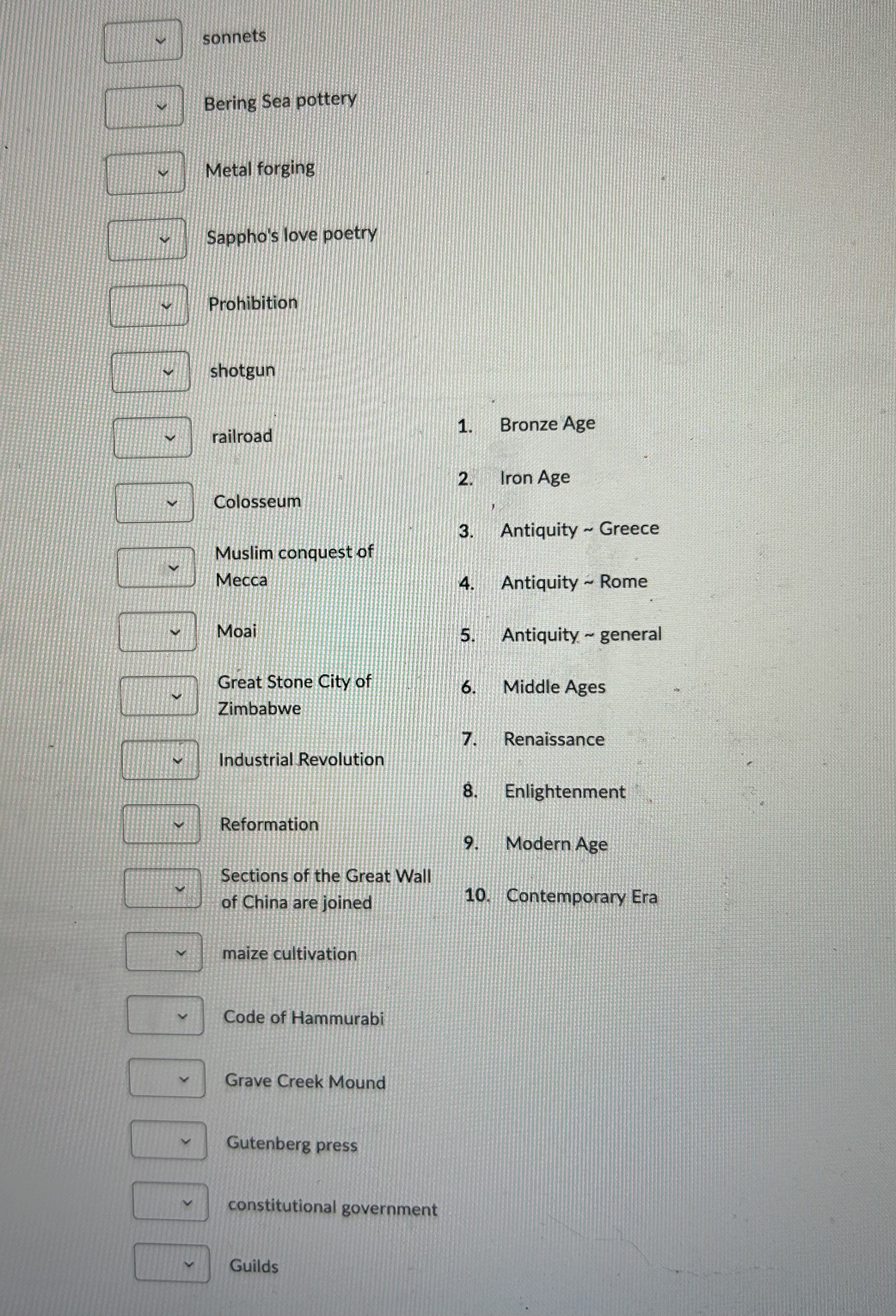  match each event to the correct era 