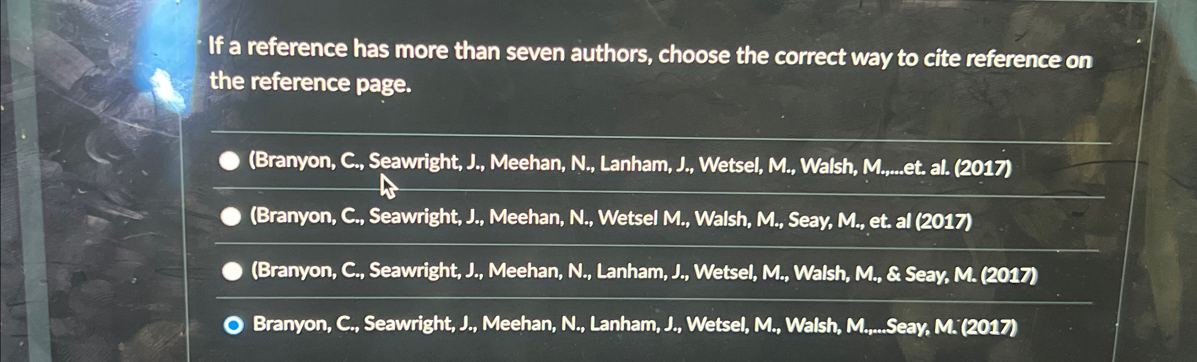  If a reference has more than seven authors, choose the correct