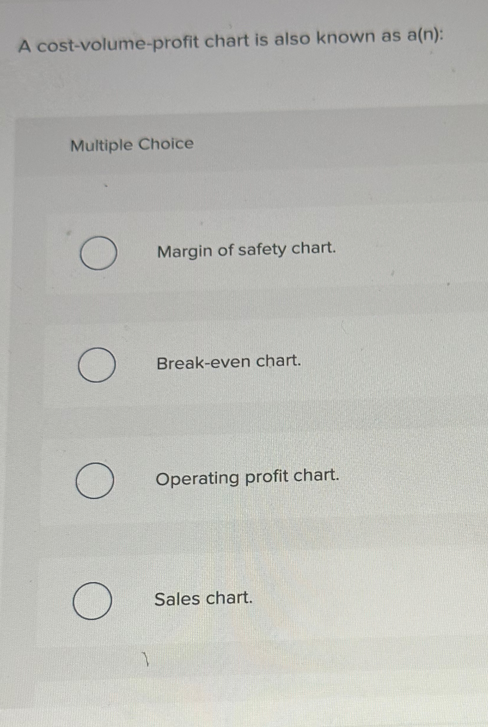  A cost-volume-profit chart is also known as a(n): Multiple Choice Margin