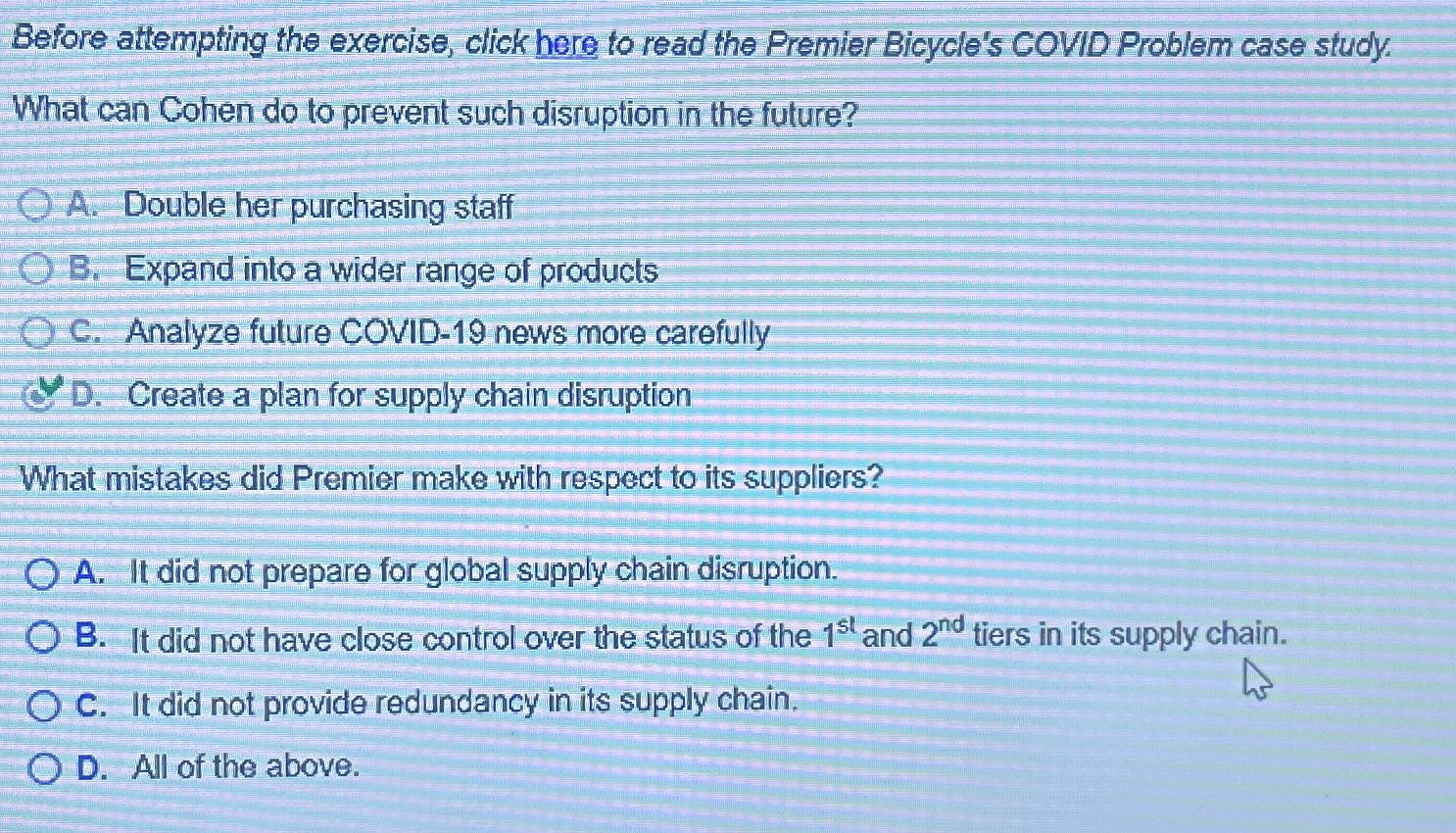  Before attempting the exercise, click here to read the Premier Bicycle's