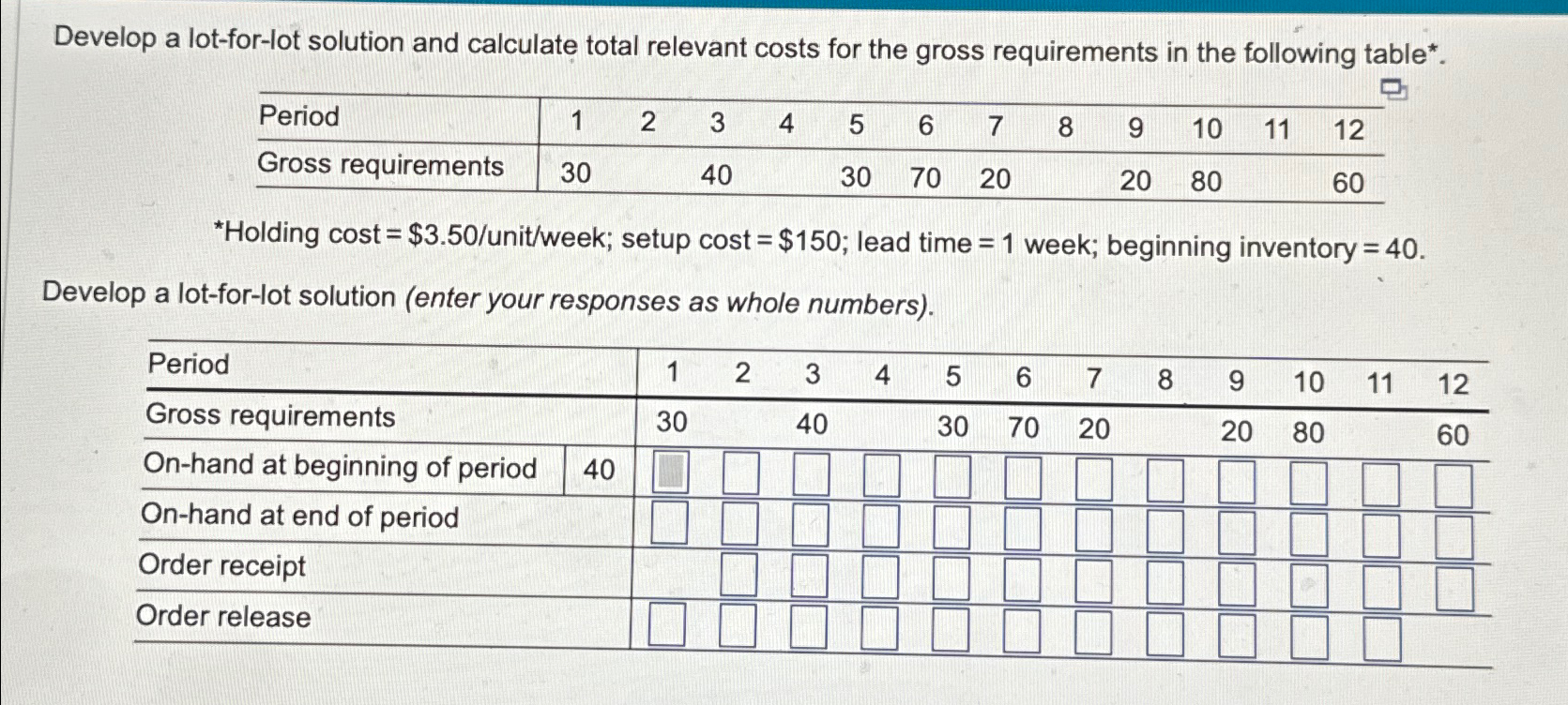  Develop a lot-for-lot solution and calculate total relevant costs for the